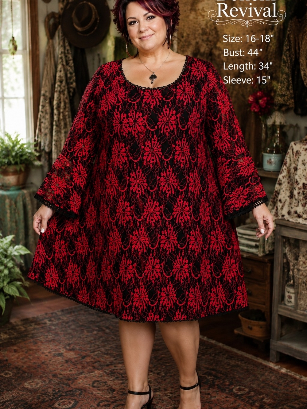 Plus-Size Red and Black Lace Midi Dress with Scoop Neck